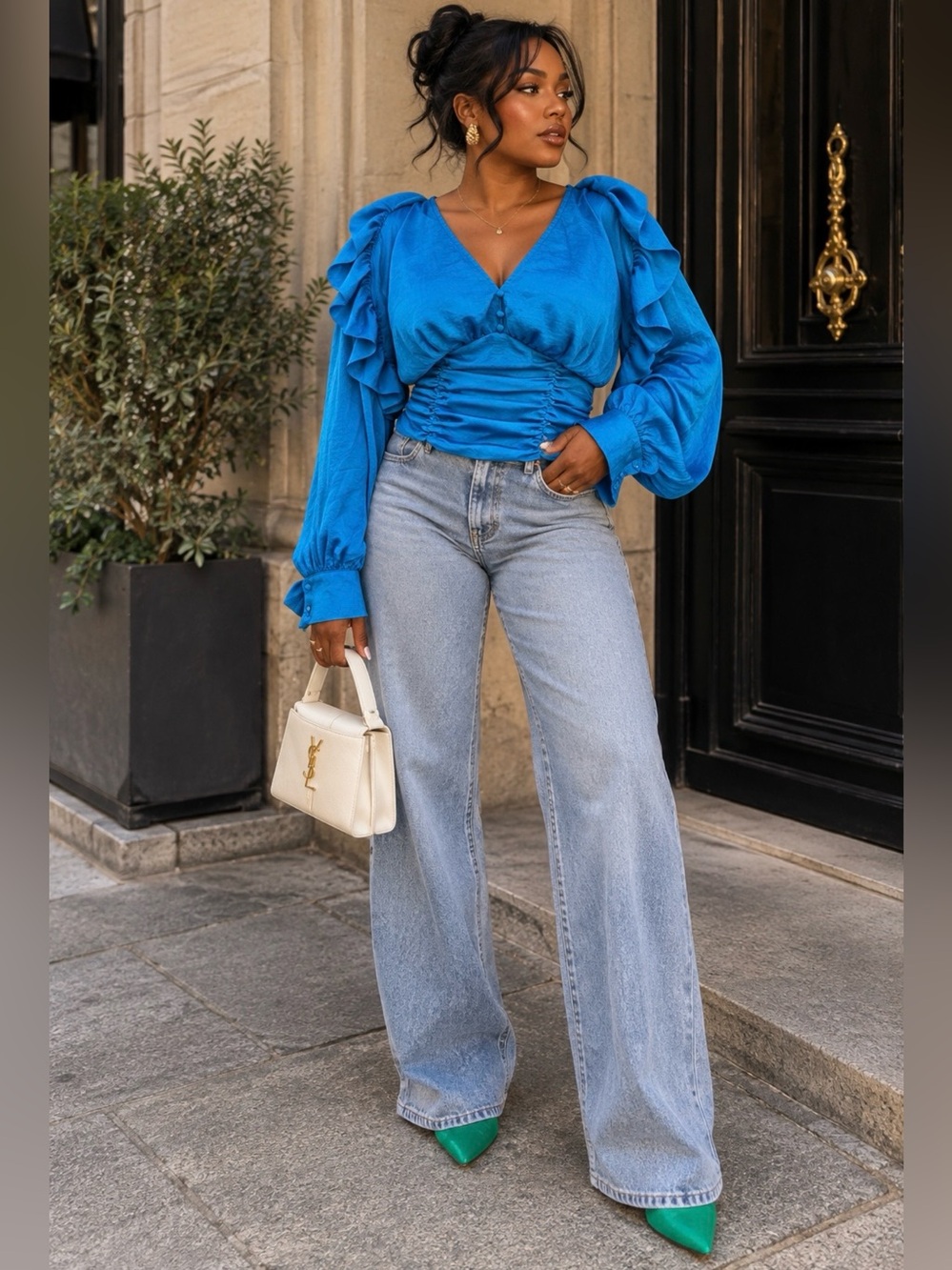 ASOS Electric Blue V-Neck Ruffle Sleeve Blouse